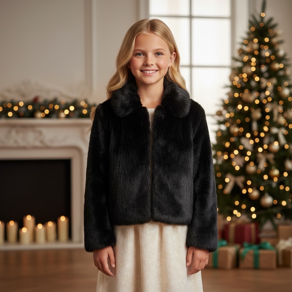 NWT Epic Threads Girls Black Faux Fur Jacket Christmas Holiday Winter Luxe Warm